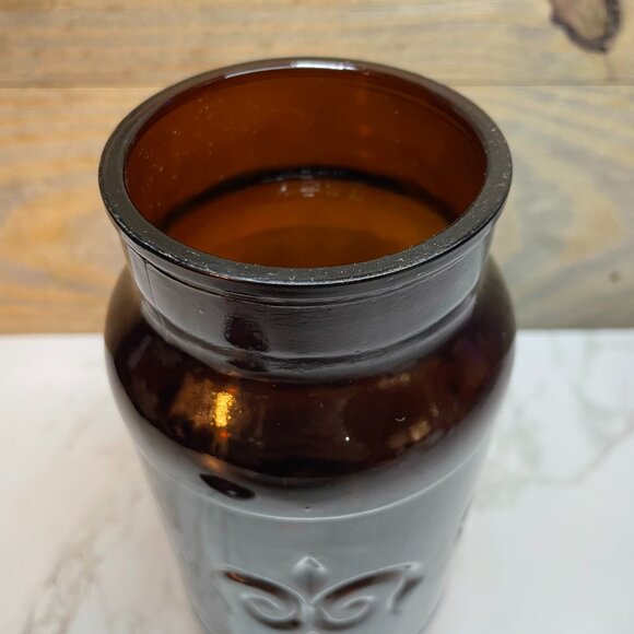 Dark Amber Glass with Lid Fleur-De-Lis Design Borden Apothecary Jar Cremora - Picture 3 of 7